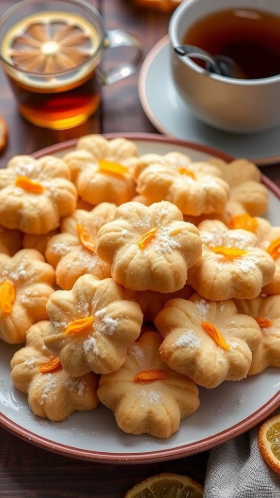 Delicate Orange Zest Shortbread Cookies A plate of golden shortbread cookies with orange zest, dusted with powdered sugar, set on a rustic table with a cup of tea.